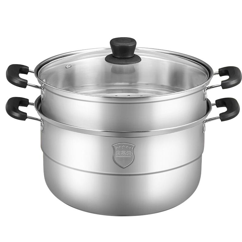 九阳26cm双层复底燃煤气可视锅盖蒸笼汤锅笼锅电磁炉明火煤气灶ZGB2605（单位：台） 钢色