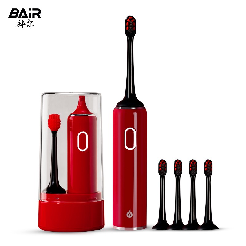 拜尔小白电动牙刷001 （主机+4刷头+按摩刷头+充电线+充电底座+洗涮杯） 红色