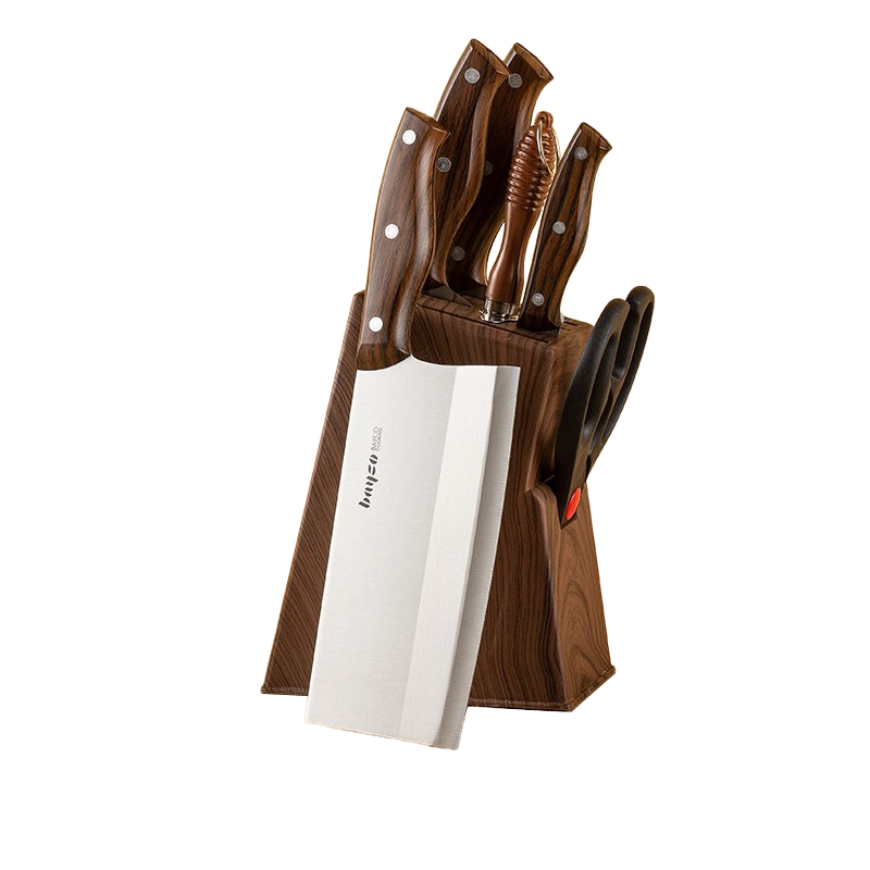 拜格(BAYCO)木纹板刀具套装刀座磨刀棒厨房剪刀 7件套【XY90034ZH】(单位：套) 不锈钢色