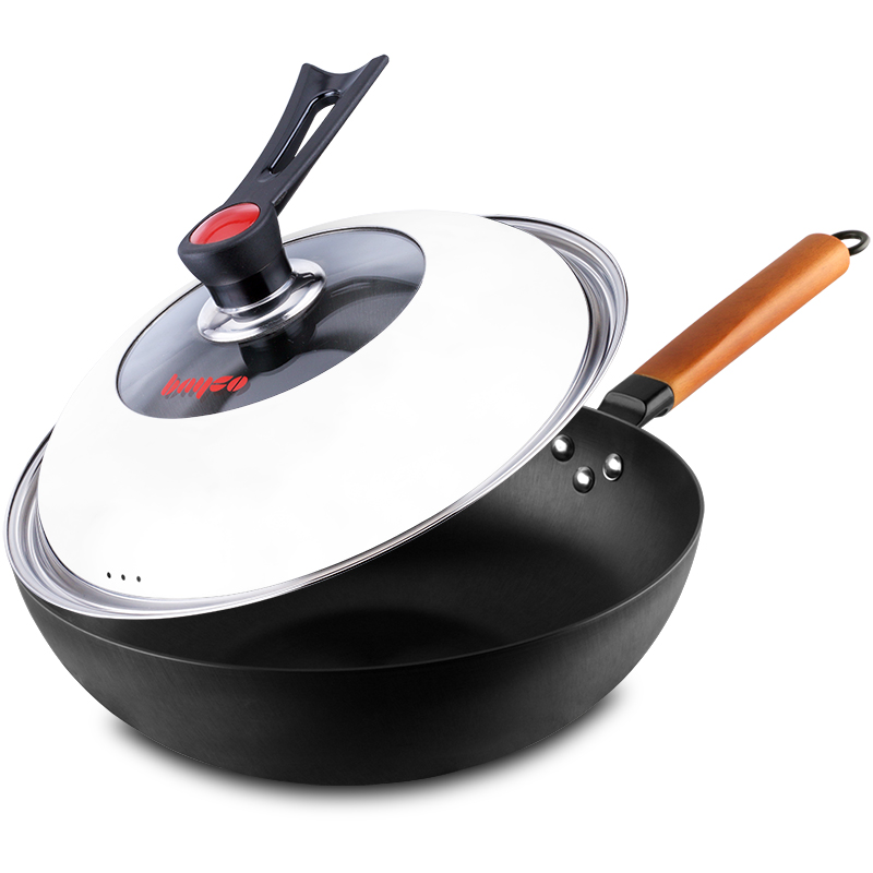 拜格（BAYCO）木手柄精铁炒锅 配红点可立锅盖32CM【BG1181】（单位：件） 图片色
